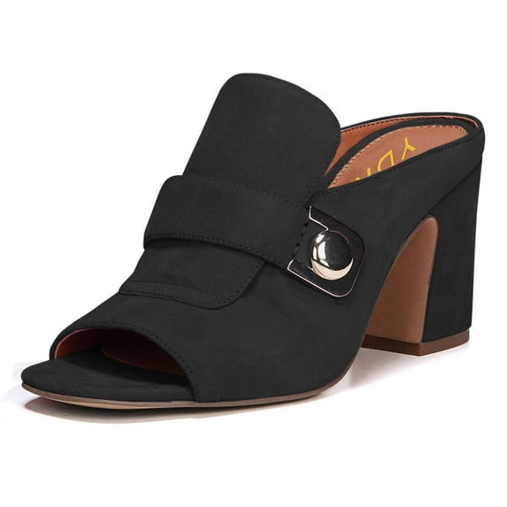 YDN Women Graceful Peep Open Toe Chunky Block Mid Heel Sandals Slip On Mules Casual Slide Slipper Shoes Size 14 Black