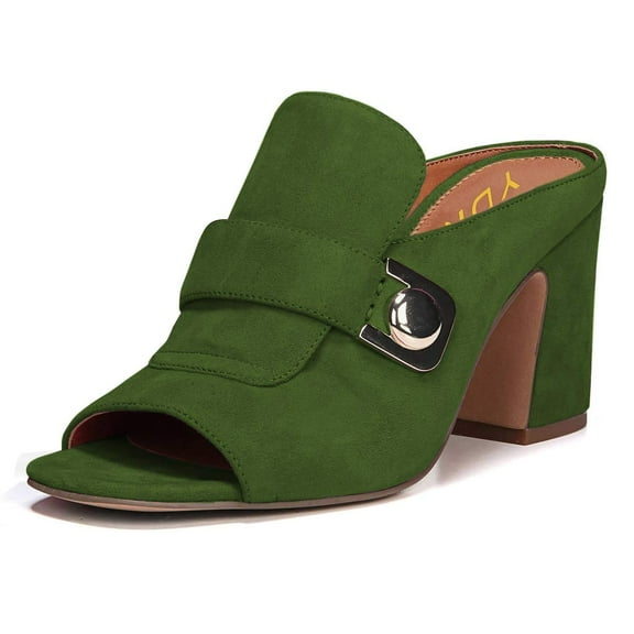 YDN Women Graceful Peep Open Toe Chunky Block Mid Heel Sandals Slip On Mules Casual Slide Slipper Shoes Size 16 Olive