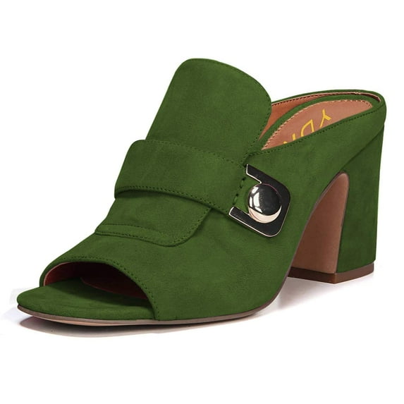 YDN Women Graceful Peep Open Toe Chunky Block Mid Heel Sandals Slip On Mules Casual Slide Slipper Shoes Size 8 Olive