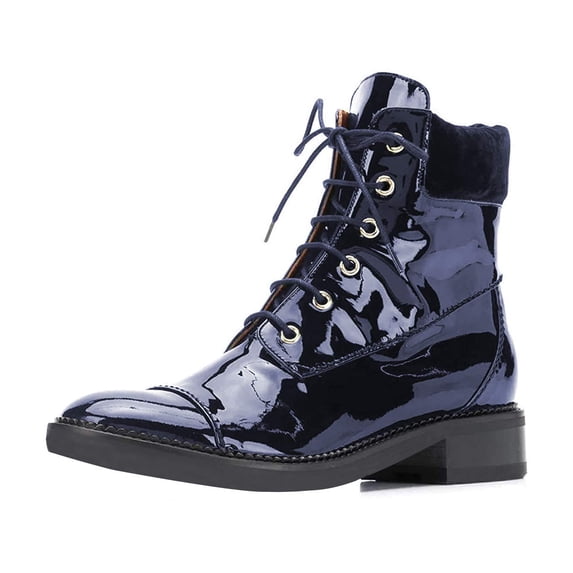 YDN Women Graceful Round Closed Toe Ankle Boots Suede Chunky Block Low Heels Lace Up Shorts Boots Office Winter Shoes Size 9 Navy Blue Patent