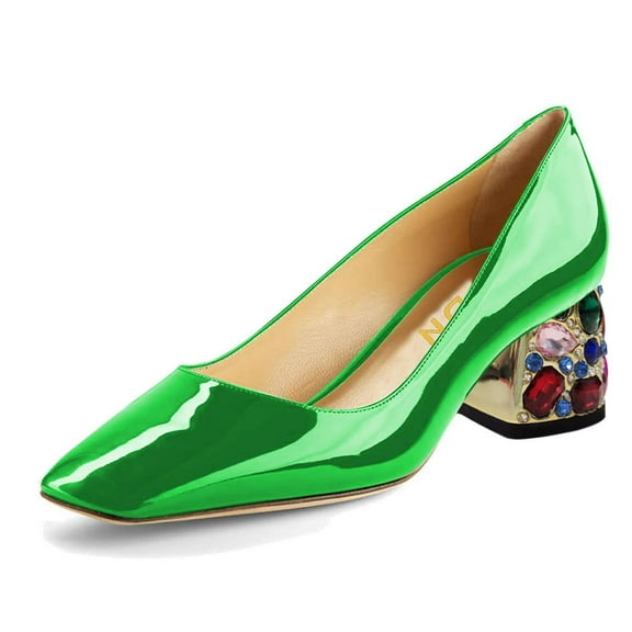 YDN Women Graceful Square Closed Toe Slip On Pumps Rhinestone Studded Block Low Heels Dance Prom Dressy Shoes Size 9 Green