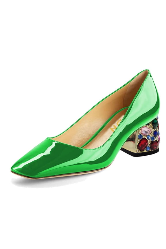 Women Graceful Square Closed Toe Slip On Pumps Rhinestone Studded Block Low Heels Dance Prom Dressy Shoes Size 9 Green