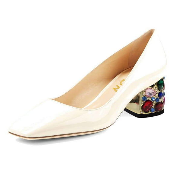 YDN Women Graceful Square Closed Toe Slip On Pumps Rhinestone Studded Block Low Heels Dance Prom Dressy Shoes Size 9 White