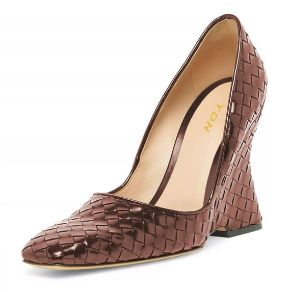 YDN Women Graceful Square Closed Toe Slip On Pumps Wedge High Heels Dressy Business Office Prom Braided Shoes Size 6 Brown