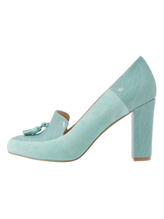 Women Graceful Tassels Block Chunky High Heels Pumps Fringed Round Closed Toe Autumn Spring Dress Ladies Office Shoes Size 7.5 Mint Green