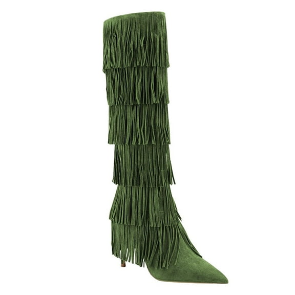 YDN Women Layer Tassel Pointed Toe Moccasin Boots Knee High Stiletto Mid Heels Western Themed Party Dress Shoes Size 4 Green
