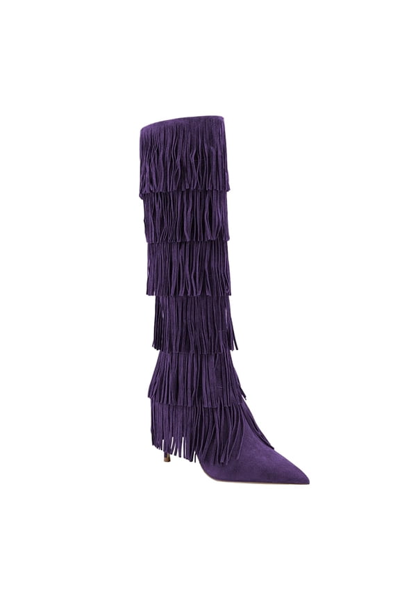 Women Layer Tassel Pointed Toe Moccasin Boots Knee High Stiletto Mid Heels Western Themed Party Dress Shoes Size 5 Purple