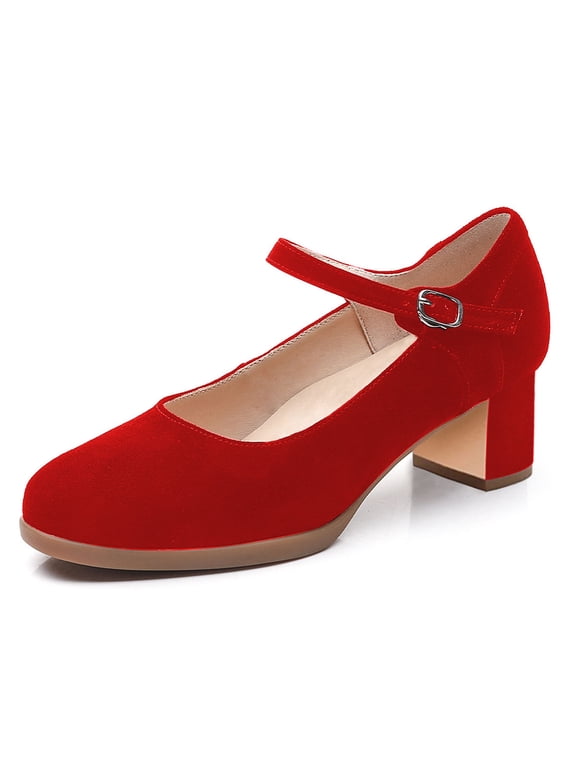 Women Lovely Closed Toe Low Block Heel Pumps Chunky Adjustable Strap Buckle Mary Janes Fashion Ballroom Dress Shoes Size 4 Red