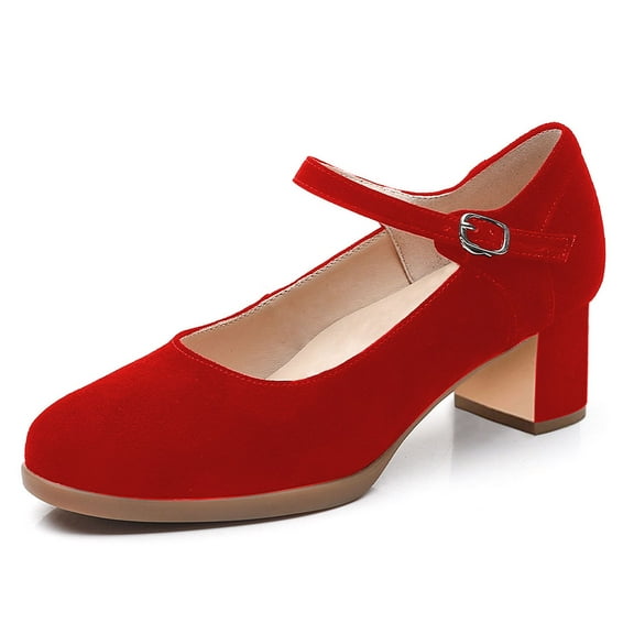 YDN Women Lovely Closed Toe Low Block Heel Pumps Chunky Adjustable Strap Buckle Mary Janes Fashion Ballroom Dress Shoes Size 7 Red