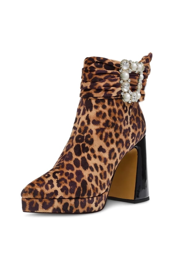 Women Lovely Pearl Buckle Ankle Boots Pointy Close Toe Side Zip Booties Platform Chunky High Heels Prom Daily Shoes Size 11 Leopard