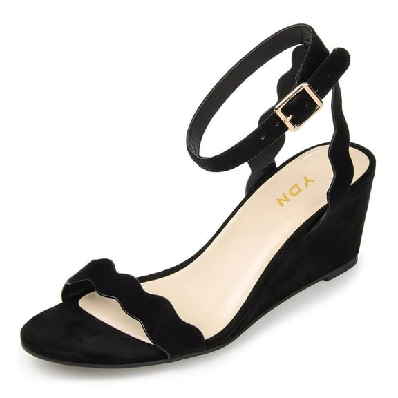 YDN Women Lovely Round Open Toe Buckle Strap Sandals Wavy Edge Wedge Mid Heels Pumps Bridal Party Summer Shoes Size 13 Black