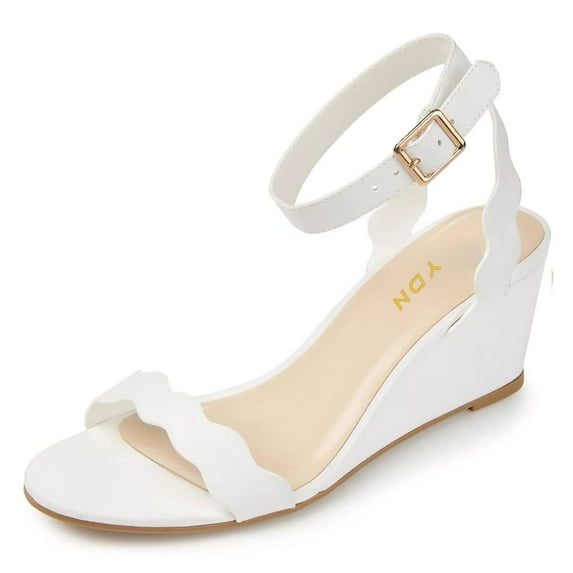 YDN Women Lovely Round Open Toe Buckle Strap Sandals Wavy Edge Wedge Mid Heels Pumps Bridal Party Summer Shoes Size 7 White