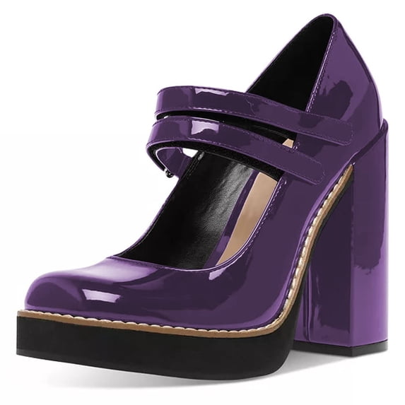 YDN Women Lovely Round Toe Platform Mary Jane Pumps Chunky High Heel Double Strap Shoes Prom Evening Daily Size 16 Purple