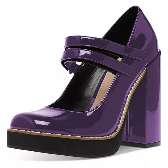 YDN Women Lovely Round Toe Platform Mary Jane Pumps Chunky High Heel Double Strap Shoes Prom Evening Daily Size 6 Purple