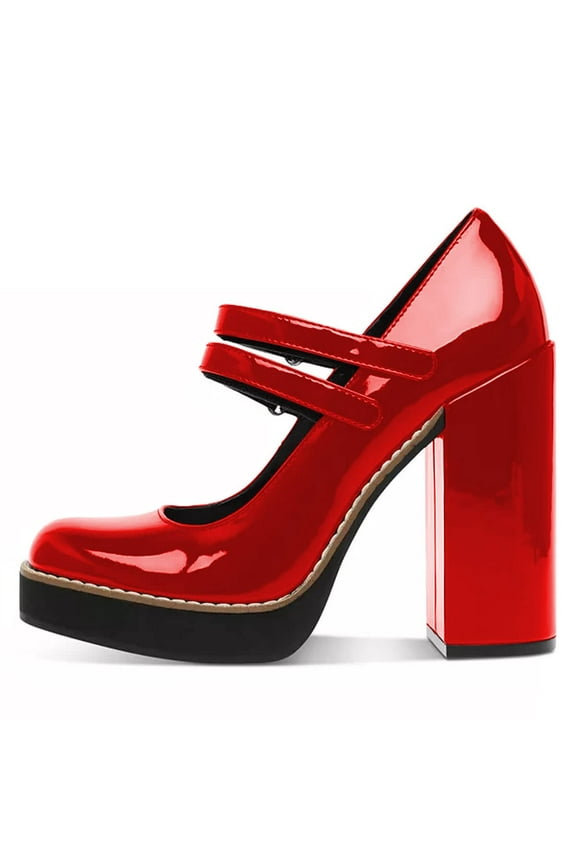 Women Lovely Round Toe Platform Mary Jane Pumps Chunky High Heel Double Strap Shoes Prom Evening Daily Size 7 Red