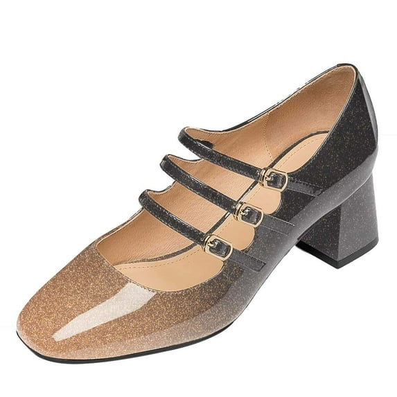 YDN Women Lovely Triple Straps Buckle Mary Janes Mid Chunky Heel Slip On Pumps Daily Wear Party Shoes Size 5.5 Gold Black