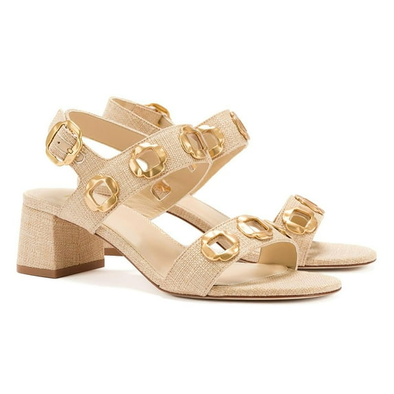 YDN Women Open Round Toe Cutout Studded Sandals Buckle Strap Low Chunky Heels Comfortable Outdoor Dressy Shoes Size 12 Gold