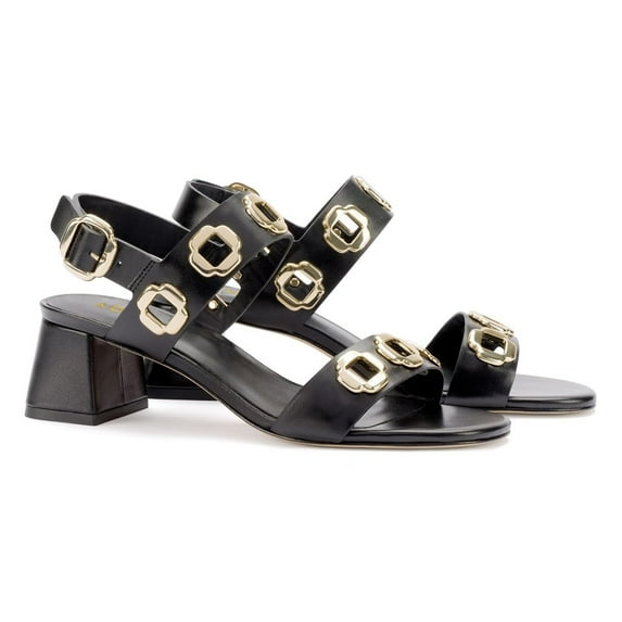 YDN Women Open Round Toe Cutout Studded Sandals Buckle Strap Low Chunky Heels Comfortable Outdoor Dressy Shoes Size 7 Black