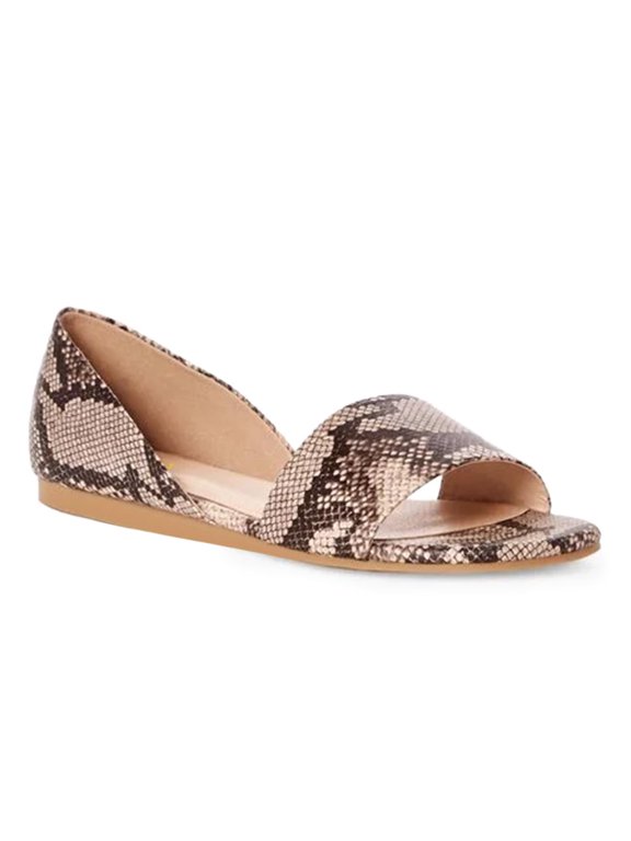 Women Open Round Toe D'orsay Flats Slip on Flat Heel Sandals Walking Shopping Dress Shoes Size 8 Brown Snakeskin