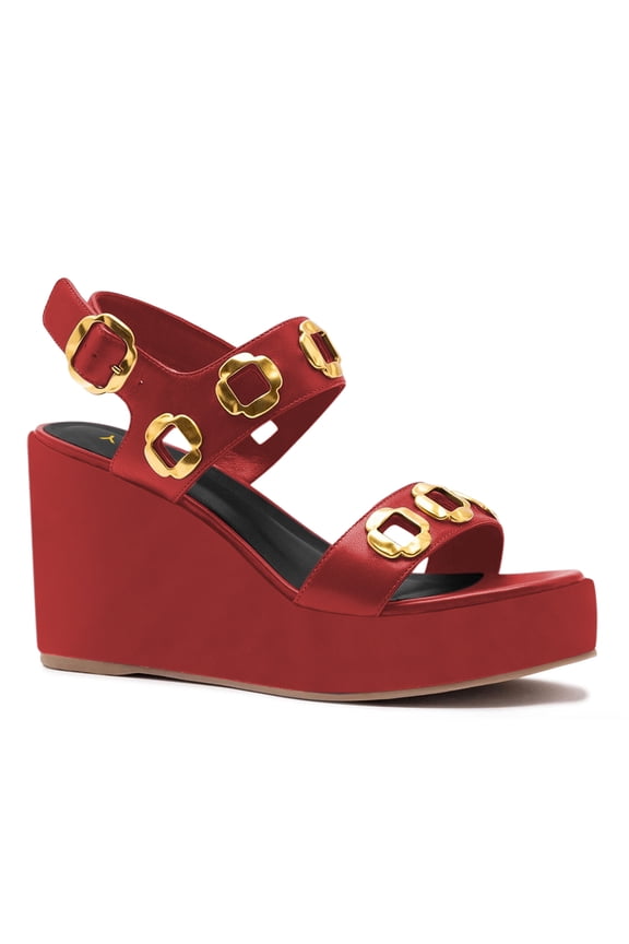 Women Open Round Toe Metal Decor Platform Sandals Ankle Buckle Strap Wedge High Heels Summer Dressy Outdoor Shoes Size 7 Red