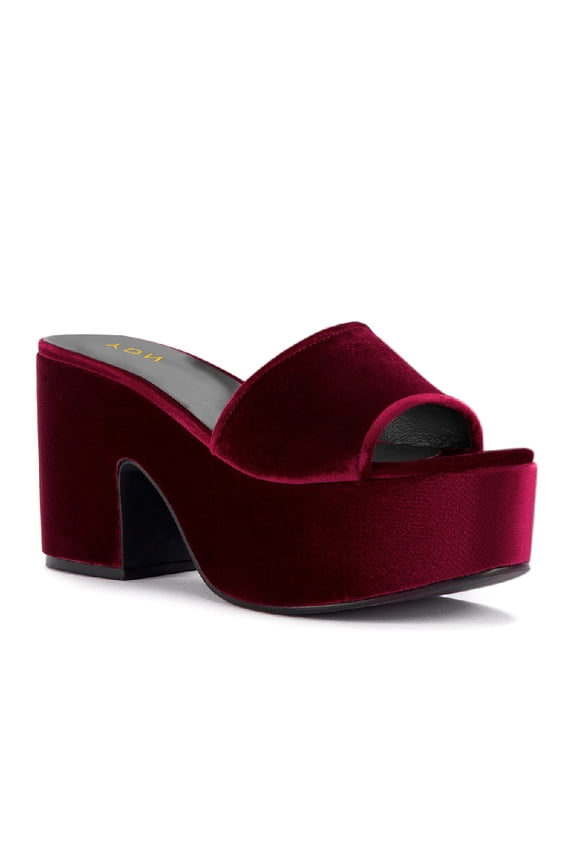 Women Open Round Toe Platform Mules Slip on High Chunky Block Heels Fashion Shopping Casual Backless Sandals Size 4 Wine Red
