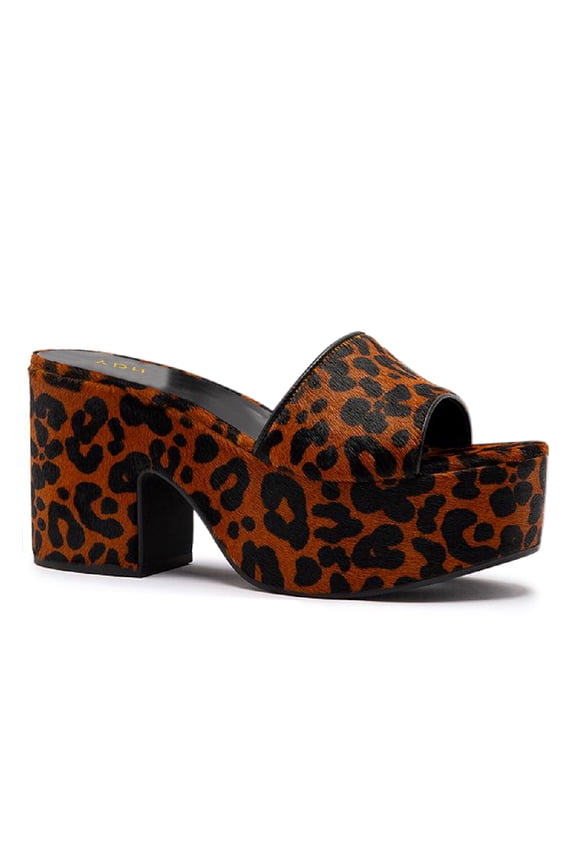 Women Open Round Toe Platform Mules Slip on High Chunky Block Heels Fashion Shopping Casual Backless Sandals Size 5 Leopard Brown