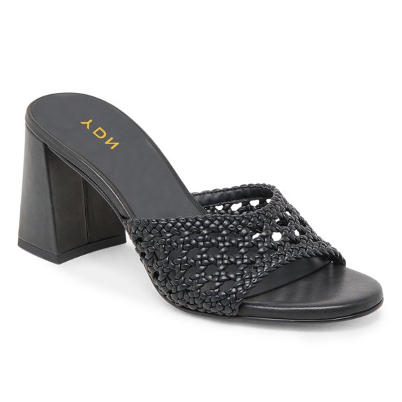 YDN Women Open Round Toe Woven Mules Slip on Cutout Chunky High Heels Casual Dressy Work Slide Sandals Size 11 Black