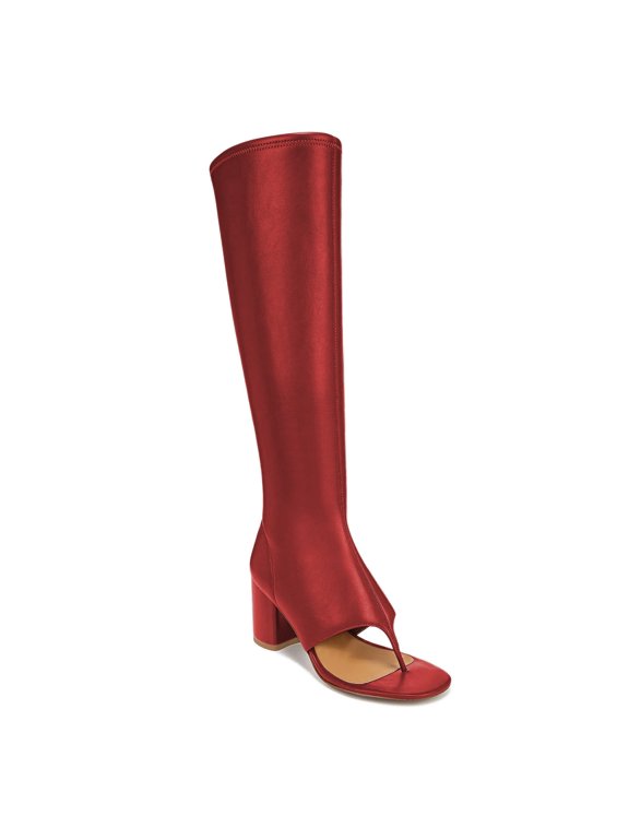 Women Open Split Toe Knee High Boots Side Zipper Mid Chunky Heels Fashion Dressy Party Long Booties Size 10 Red