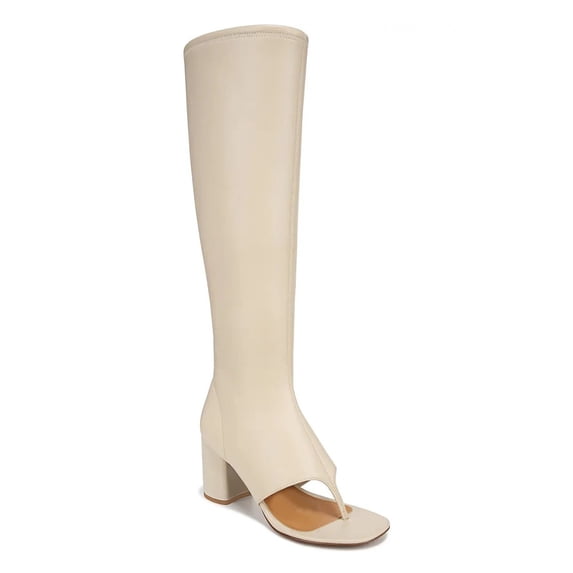 YDN Women Open Split Toe Knee High Boots Side Zipper Mid Chunky Heels Fashion Dressy Party Long Booties Size 13 Beige