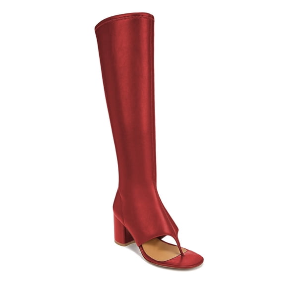 YDN Women Open Split Toe Knee High Boots Side Zipper Mid Chunky Heels Fashion Dressy Party Long Booties Size 6.5 Red