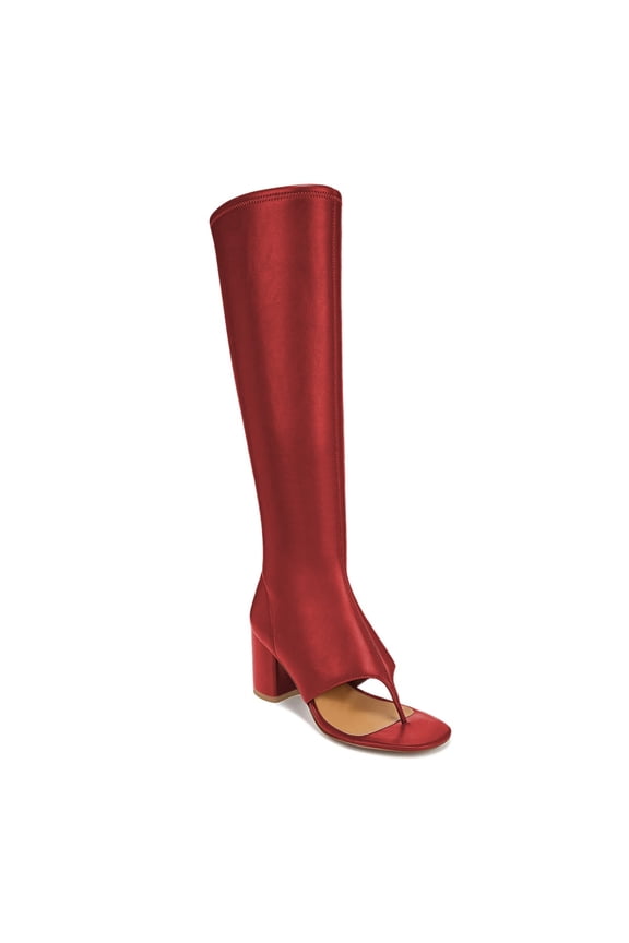 Women Open Split Toe Knee High Boots Side Zipper Mid Chunky Heels Fashion Dressy Party Long Booties Size 8.5 Red