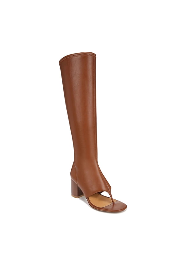 Women Open Split Toe Knee High Boots Side Zipper Mid Chunky Heels Fashion Dressy Party Long Booties Size 9.5 Brown