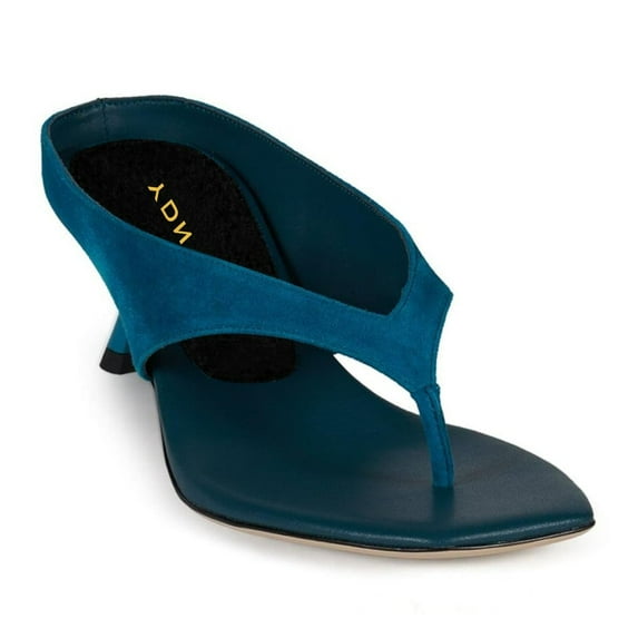 YDN Women Open Square Toe Flip Flops Low Kitten Heel Slip on Mules Casual Dress Summer Beach Thong Sandals Size 7 Blue