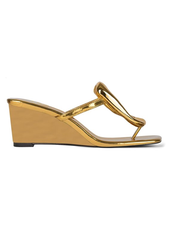 Women Open Square Toe Metal Flip Flops Slip on Wedge Mid Heel Slide Mules Casual Dressy Work Sandals Size 5 Gold