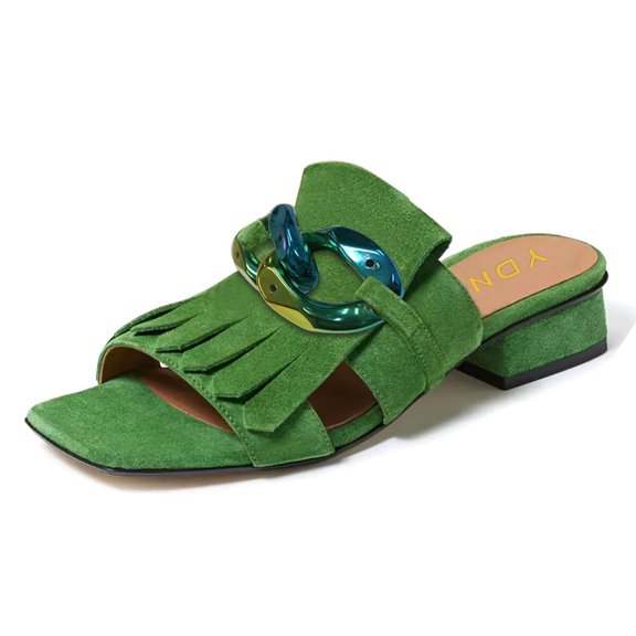 YDN Women Open Square Toe Tassel Chains Slip on Mules Slip on Low Chunky Heel Sandals Party Daily Shopping Size 6.5 Green
