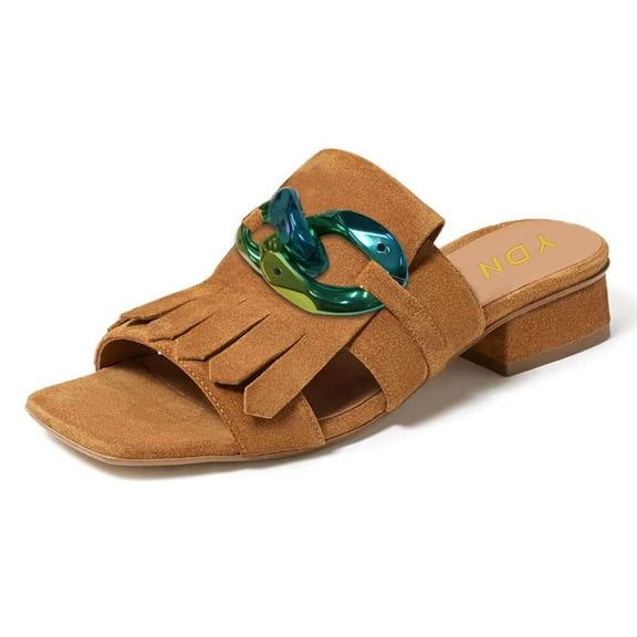 YDN Women Open Square Toe Tassel Chains Slip on Mules Slip on Low Chunky Heel Sandals Party Daily Shopping Size 7 Brown