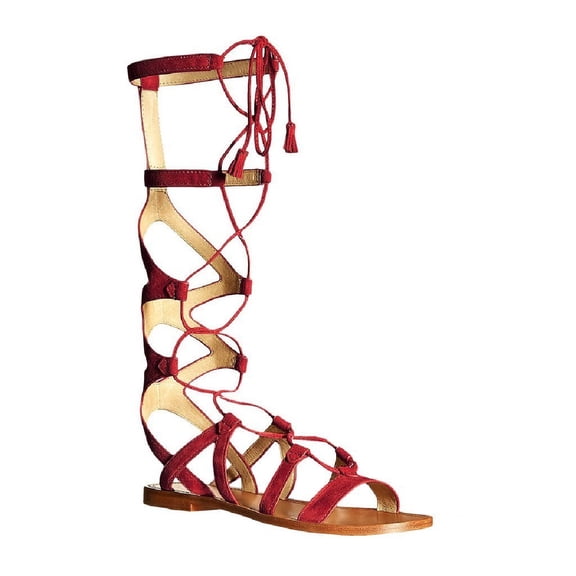 YDN Women Open Toe Knee High Gladiator Sandals Frine Lace up Heeled Cork Flats Themed Party Dressy Shoes Size 4 Red