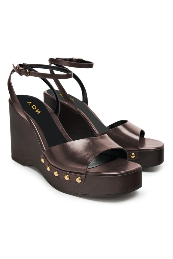Women Open Toe Platform Wedge High Heels Rivets Studs Ankle Strap Sandals Fashion Party Evening Shoes Size 13 Brown