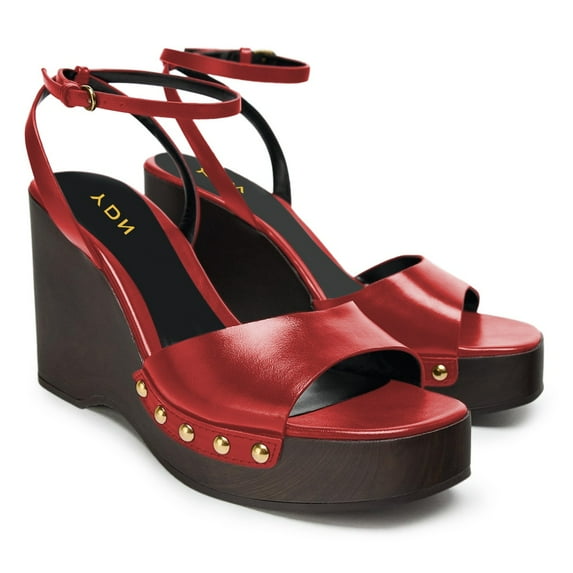 YDN Women Open Toe Platform Wedge High Heels Rivets Studs Ankle Strap Sandals Fashion Party Evening Shoes Size 6 Red