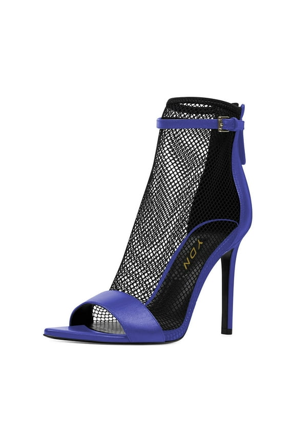 Women Open Toe Stiletto High Heel Mesh Boots Ankle Strap Booties Pump with Back Zipper Size 11 Blue