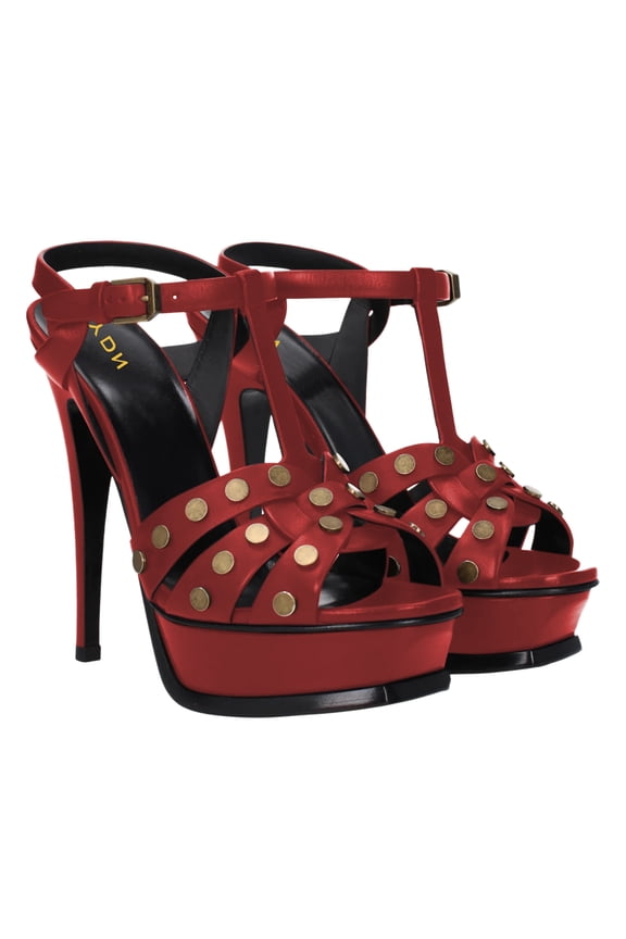 Women Open Toe Studded T-Strap Sandals Platform Buckle Super High Heels Sexy Cocktail Party Show Shoes Size 7 Red