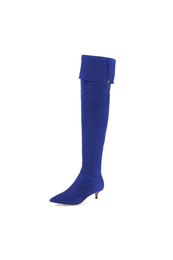 Women Over The Knee High Stilettos Boots Pointed Toe Kitten Low Heels Wide Calf Dress Zipper Shoes Size 11 Blue
