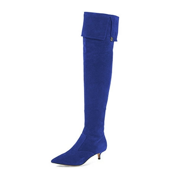 YDN Women Over The Knee High Stilettos Boots Pointed Toe Kitten Low Heels Wide Calf Dress Zipper Shoes Size 9 Blue
