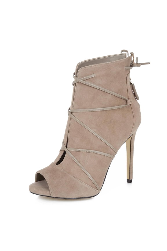 Women Peep Toe Back Zippers Ankle Boots Stiletto High Heels Lace Up Cutout Sandals Comfort Party Dress Shoes Size 8.5 Beige
