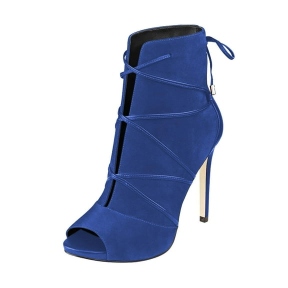 YDN Women Peep Toe Back Zippers Ankle Boots Stiletto High Heels Lace Up Cutout Sandals Comfort Party Dress Shoes Size 8.5 Blue