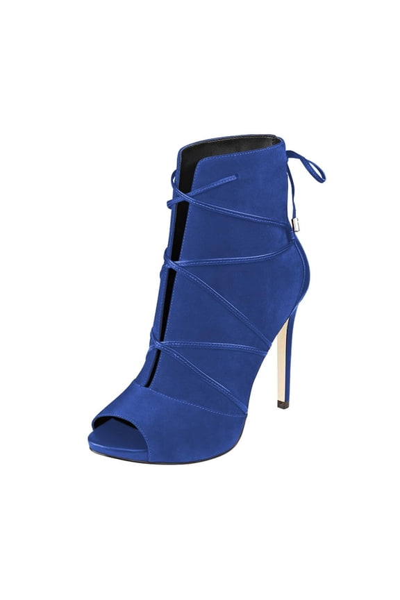 Women Peep Toe Back Zippers Ankle Boots Stiletto High Heels Lace Up Cutout Sandals Comfort Party Dress Shoes Size 8 Blue