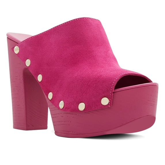 YDN Women's Peep Toe Platform Slip on Mule Studs Chunky High Heel Slide Sandals Fashion Dressy Casual Clog Shoe Size 4 Pink