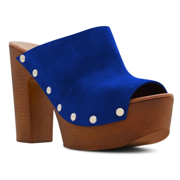 YDN Women's Peep Toe Platform Slip on Mule Studs Chunky High Heel Slide Sandals Fashion Dressy Casual Clog Shoe Size 8.5 Blue