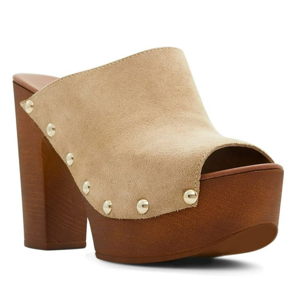 YDN Women Peep Toe Platform Slip on Mules Studded Chunky High Heel Slide Sandals Fashion Dressy Casual Clog Shoes Size 8 Nude