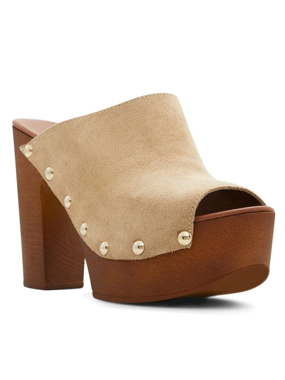 Women's Peep Toe Platform Slip on Mule Studs Chunky High Heel Slide Sandals Fashion Dressy Casual Clog Shoe Size 9 Nude